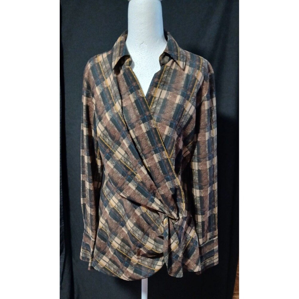 Laundry by Shelli Segal Brown/Black  Plaid Crossover Twist Wrap Blouse Medium